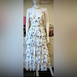 Jay Godfrey Hader Midi Dress Tiered Neon Roseum Blue Tone Floral on White size 2
